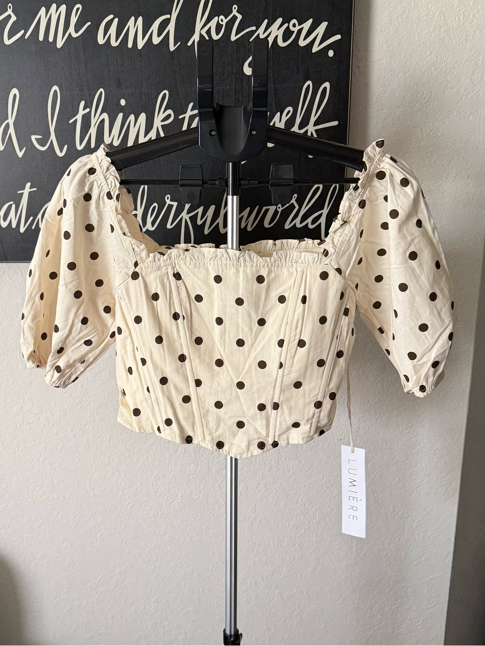 Lumiere Cream Crop Top with Brown Polka Dots and Puff Sleeves